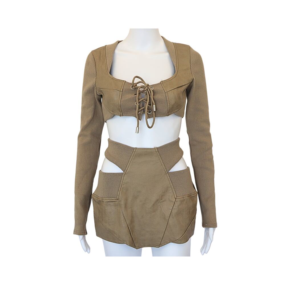 PLT LABEL Faux Leather Mini Skirt & Crop Top Set - Tan - 4